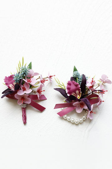 Wedding Burgundy Wrist Corsage and Boutonniere Set
